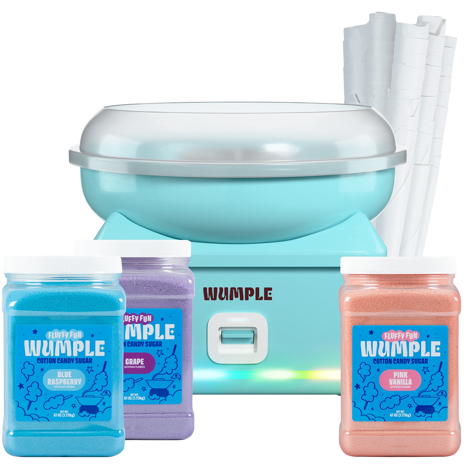 Complete Blue Cotton Candy Machine Kit with LED Lights | 3 Mixed Sugar Jars (61oz Each) + 50 Paper Cones