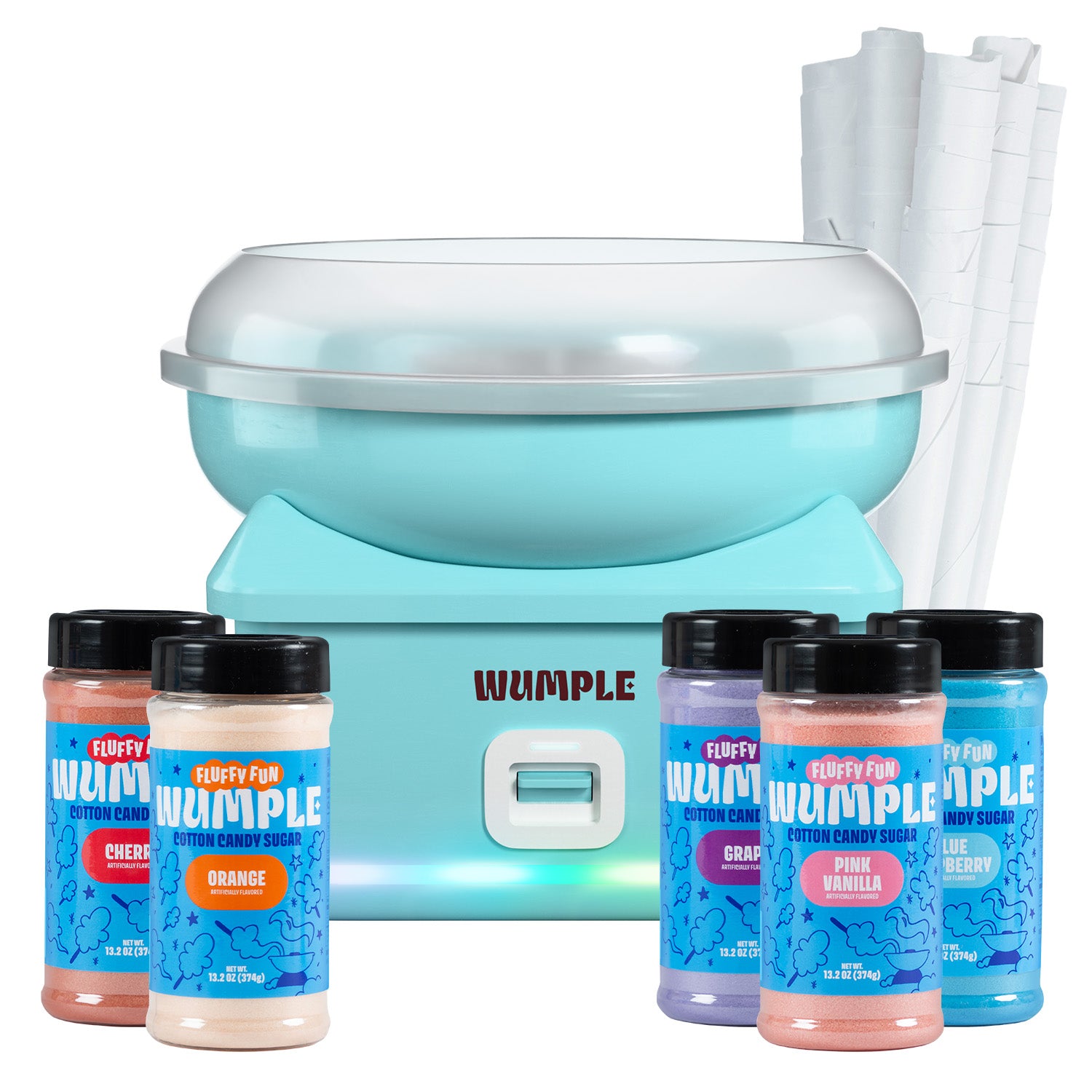Blue Quick-Heat Cotton Candy Machine with LED Lights | Includes 5 Sugar Flavors (13.2oz Each) + 50 Paper Cones