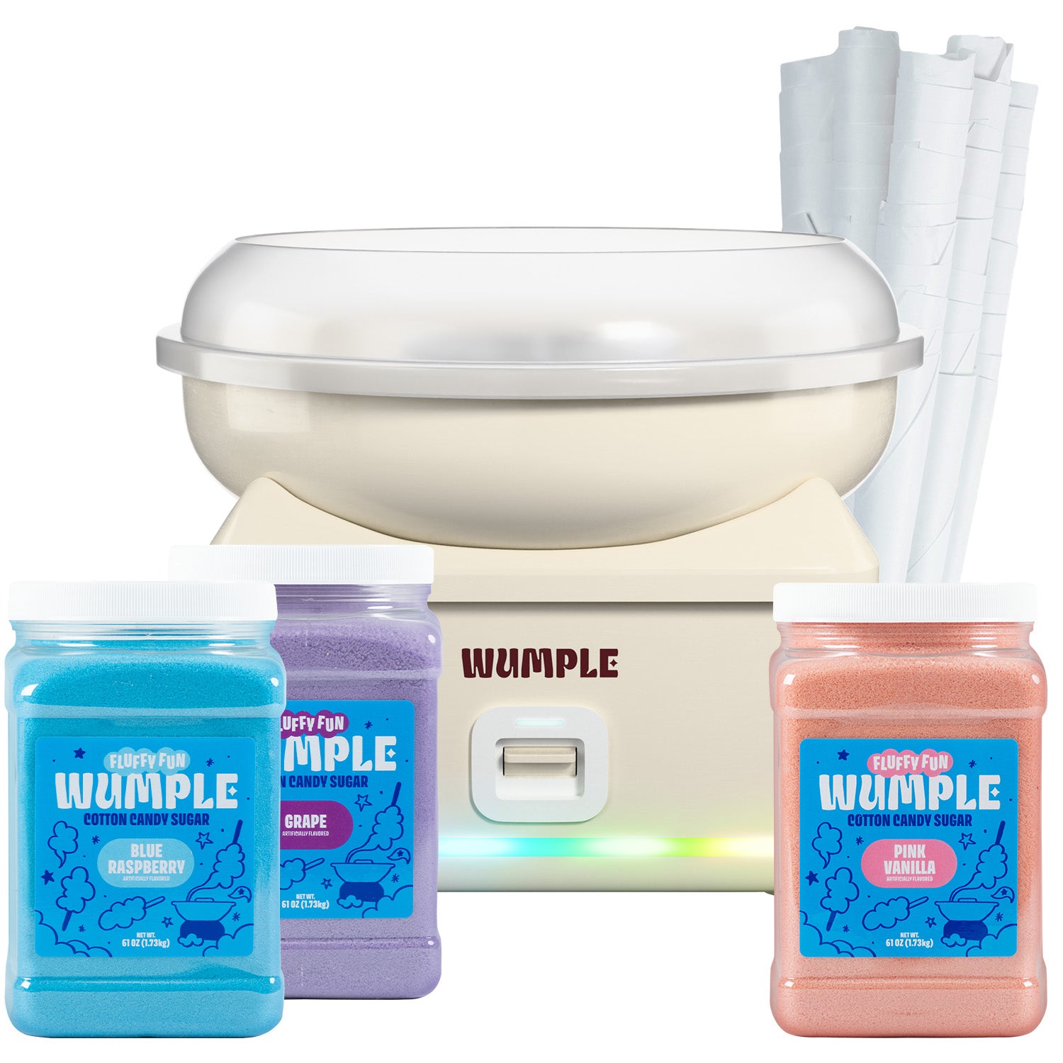 Electric Cotton Candy Maker in Cream with LED Lights | Comes with 3 Mixed Flavor Sugar Jars (61oz Each) & 50 Paper Cones