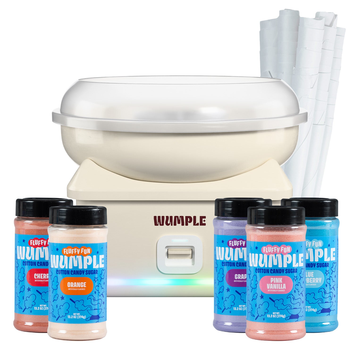 Cream Electric Cotton Candy Machine, Rapid Heat-Up | Includes Mixed Sugar Pack (5 Flavors) (13.2oz Each) & 50 Paper Cones
